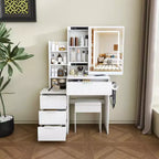 Black / White / Walnut Lighted Makeup Vanity Table with Stool, Single-Person, 3-Color Mirror, Power Outlet & Drawers