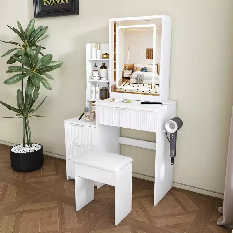Black / White / Walnut Lighted Makeup Vanity Table with Stool, Single-Person, 3-Color Mirror, Power Outlet & Drawers
