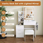 Black / White / Walnut Lighted Makeup Vanity Table with Stool, Single-Person, 3-Color Mirror, Power Outlet & Drawers