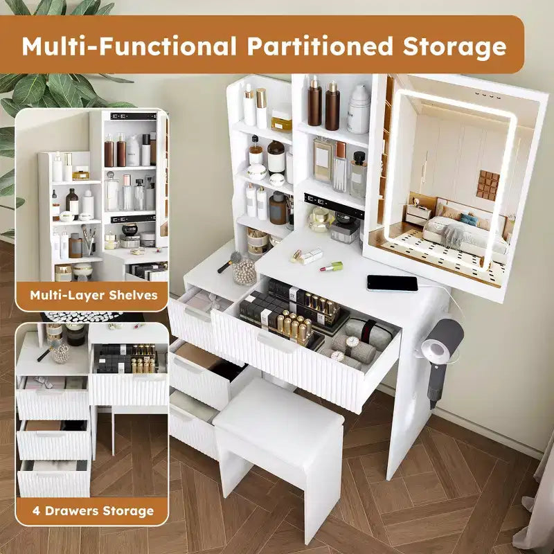 Black / White / Walnut Lighted Makeup Vanity Table with Stool, Single-Person, 3-Color Mirror, Power Outlet & Drawers