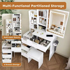 Black / White / Walnut Lighted Makeup Vanity Table with Stool, Single-Person, 3-Color Mirror, Power Outlet & Drawers