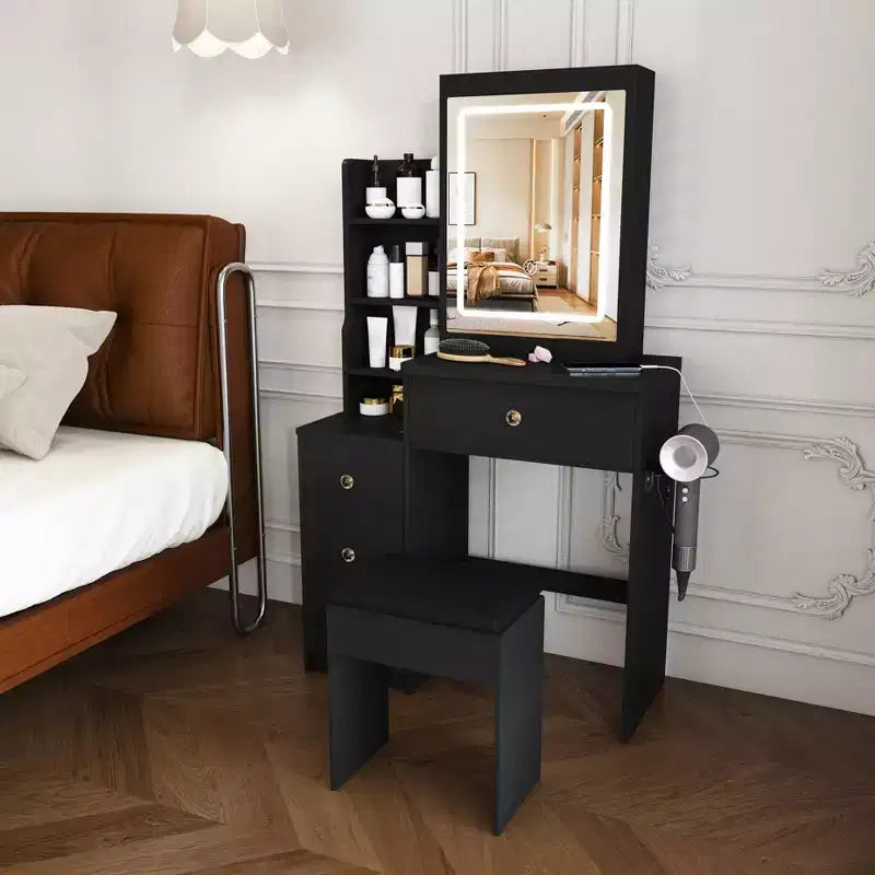 Black / White / Walnut Lighted Makeup Vanity Table with Stool, Single-Person, 3-Color Mirror, Power Outlet & Drawers