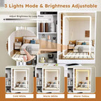 Black / White / Walnut Lighted Makeup Vanity Table with Stool, Single-Person, 3-Color Mirror, Power Outlet & Drawers