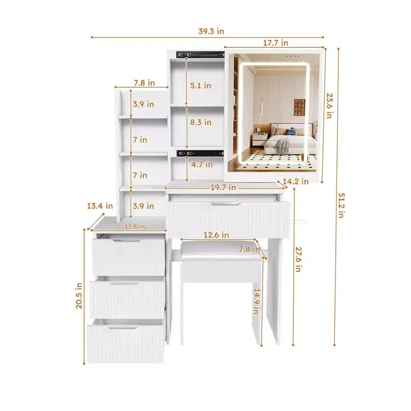 Black / White / Walnut Lighted Makeup Vanity Table with Stool, Single-Person, 3-Color Mirror, Power Outlet & Drawers
