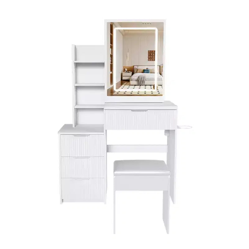 Black / White / Walnut Lighted Makeup Vanity Table with Stool, Single-Person, 3-Color Mirror, Power Outlet & Drawers