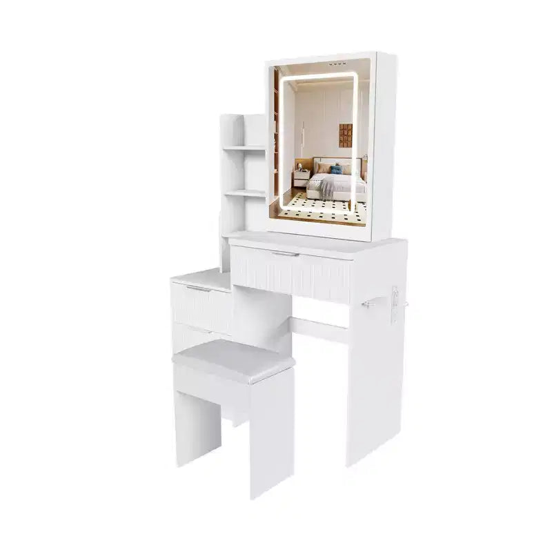 Black / White / Walnut Lighted Makeup Vanity Table with Stool, Single-Person, 3-Color Mirror, Power Outlet & Drawers