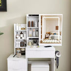 Black / White / Walnut Lighted Makeup Vanity Table with Stool, Single-Person, 3-Color Mirror, Power Outlet & Drawers
