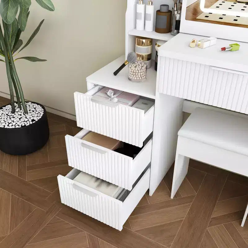 Black / White / Walnut Lighted Makeup Vanity Table with Stool, Single-Person, 3-Color Mirror, Power Outlet & Drawers
