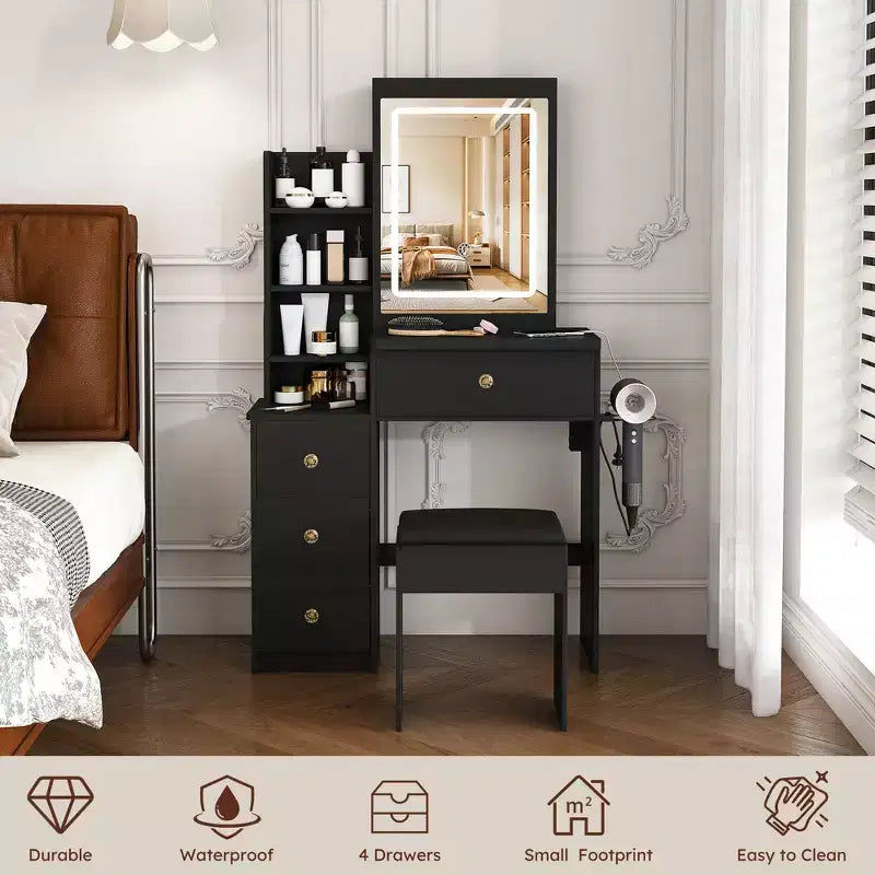 Black / White / Walnut Lighted Makeup Vanity Table with Stool, Single-Person, 3-Color Mirror, Power Outlet & Drawers