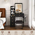 Black / White / Walnut Lighted Makeup Vanity Table with Stool, Single-Person, 3-Color Mirror, Power Outlet & Drawers