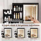 Black / White / Walnut Lighted Makeup Vanity Table with Stool, Single-Person, 3-Color Mirror, Power Outlet & Drawers
