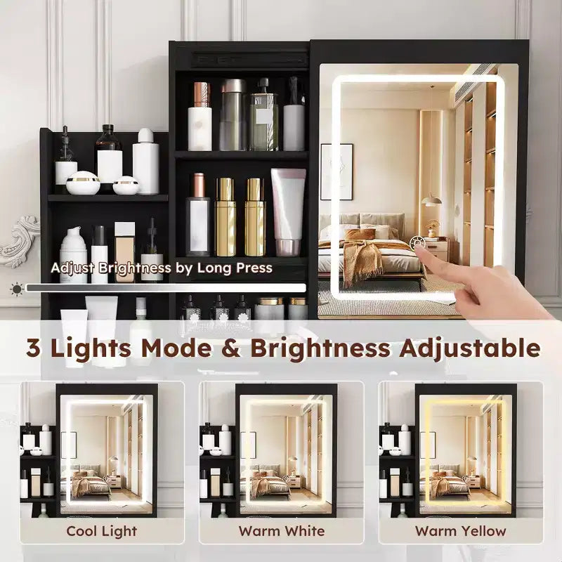 Black / White / Walnut Lighted Makeup Vanity Table with Stool, Single-Person, 3-Color Mirror, Power Outlet & Drawers