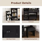 Black / White / Walnut Lighted Makeup Vanity Table with Stool, Single-Person, 3-Color Mirror, Power Outlet & Drawers