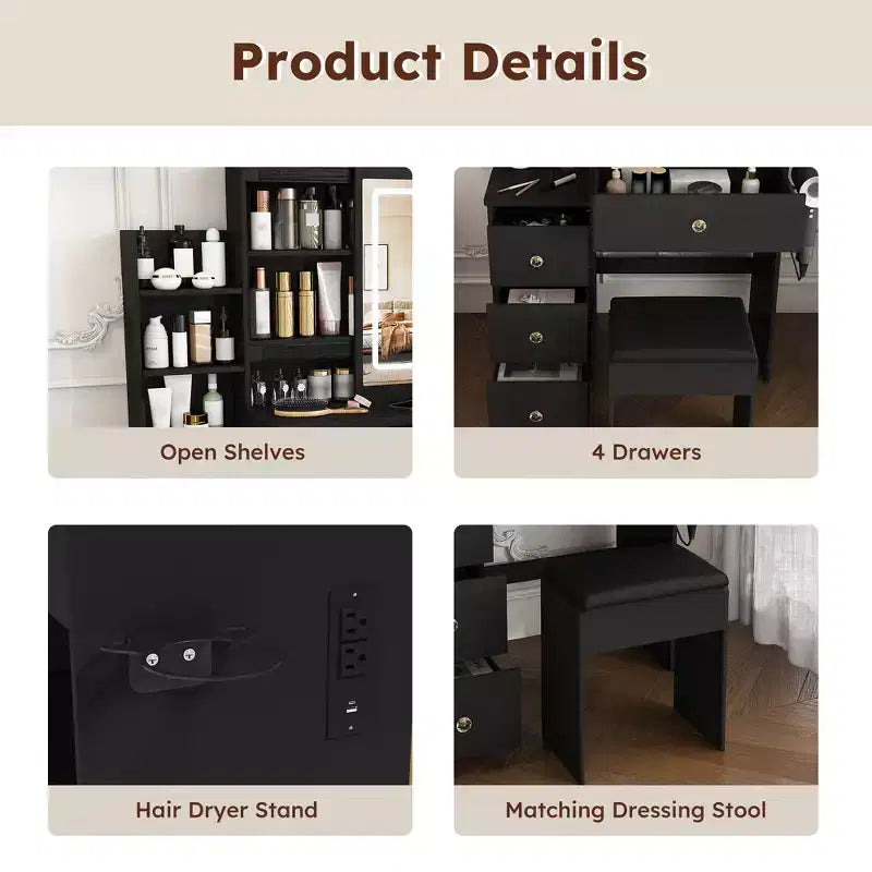 Black / White / Walnut Lighted Makeup Vanity Table with Stool, Single-Person, 3-Color Mirror, Power Outlet & Drawers