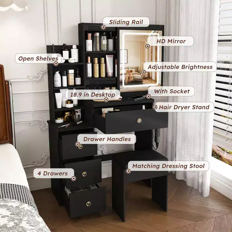 Black / White / Walnut Lighted Makeup Vanity Table with Stool, Single-Person, 3-Color Mirror, Power Outlet & Drawers