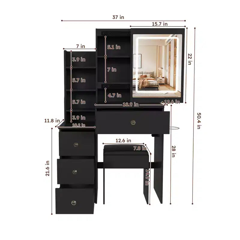 Black / White / Walnut Lighted Makeup Vanity Table with Stool, Single-Person, 3-Color Mirror, Power Outlet & Drawers