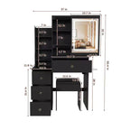 Black / White / Walnut Lighted Makeup Vanity Table with Stool, Single-Person, 3-Color Mirror, Power Outlet & Drawers