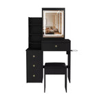 Black / White / Walnut Lighted Makeup Vanity Table with Stool, Single-Person, 3-Color Mirror, Power Outlet & Drawers