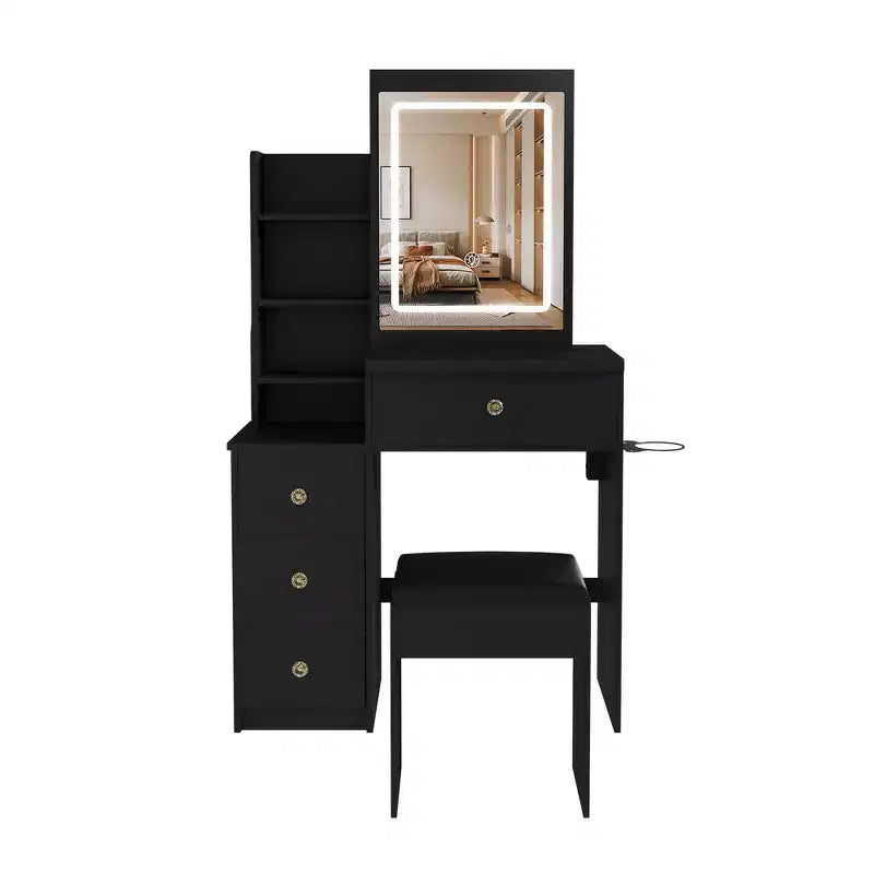 Black / White / Walnut Lighted Makeup Vanity Table with Stool, Single-Person, 3-Color Mirror, Power Outlet & Drawers