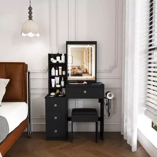 ModernLuxe Makeup Vanity Desk Vanity Table Dressing Table with Stool, 3 Color Mode Lighted Mirror, Hair Dryer Holder, Power Outlet & Drawers