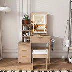 Black / White / Walnut Lighted Makeup Vanity Table with Stool, Single-Person, 3-Color Mirror, Power Outlet & Drawers