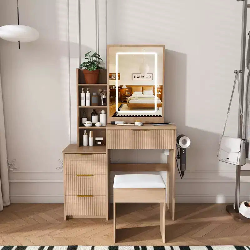 Black / White / Walnut Lighted Makeup Vanity Table with Stool, Single-Person, 3-Color Mirror, Power Outlet & Drawers