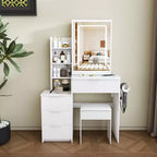 Black / White / Walnut Lighted Makeup Vanity Table with Stool, Single-Person, 3-Color Mirror, Power Outlet & Drawers