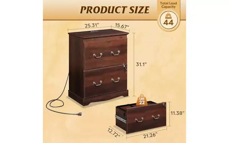 Brown/White 2-Drawer Lateral Filing Cabinet with Lock & Charging Station, Single User