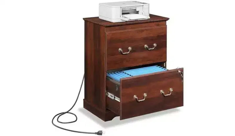 DEXYLLO 2 Drawer File Cabinet,Lateral Vintage Farmhouse Wood Filing Cabinet with Lock & Charging Station for Letter/Legal/A4 Size