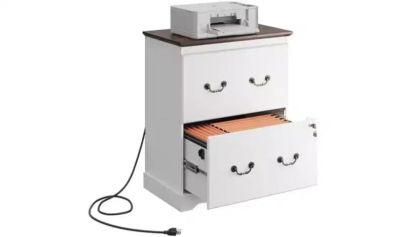 Brown/White 2-Drawer Lateral Filing Cabinet with Lock & Charging Station, Single User