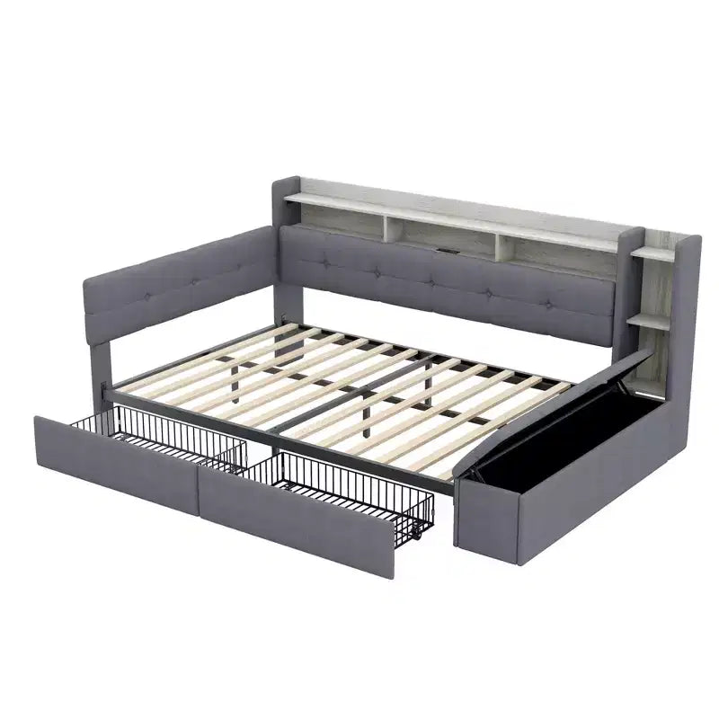 Beige/Grey Upholstered Platform Bed with LED, USB Ports & Storage Drawers, Twin/Full