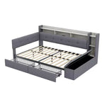 Beige/Grey Upholstered Platform Bed with LED, USB Ports & Storage Drawers, Twin/Full