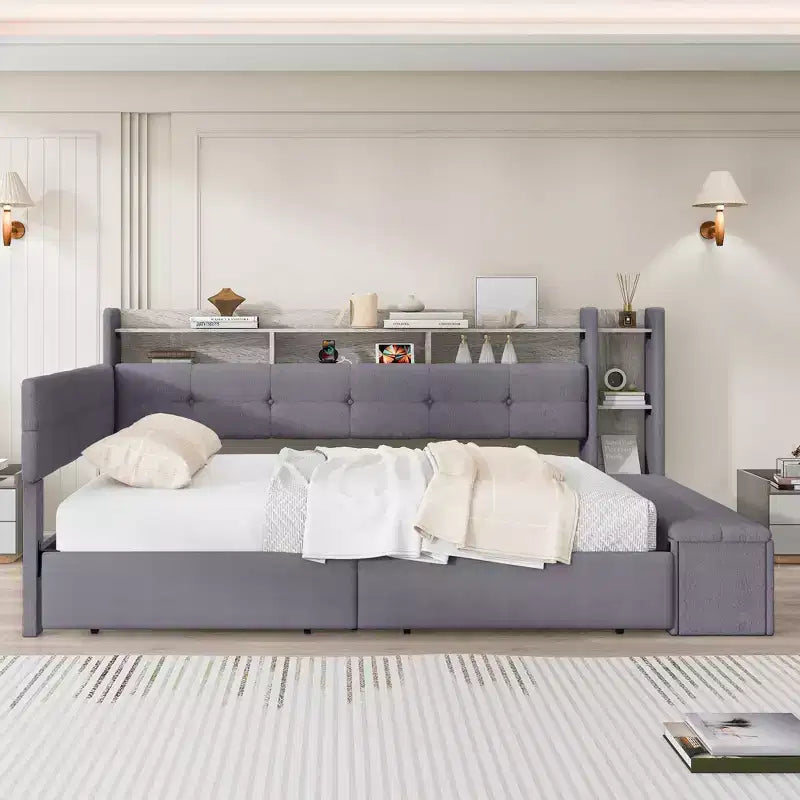 Beige/Grey Upholstered Platform Bed with LED, USB Ports & Storage Drawers, Twin/Full
