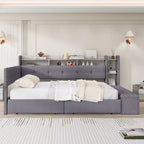 Beige/Grey Upholstered Platform Bed with LED, USB Ports & Storage Drawers, Twin/Full