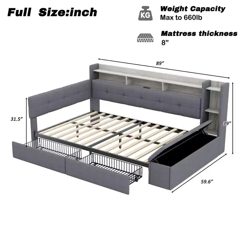 Beige/Grey Upholstered Platform Bed with LED, USB Ports & Storage Drawers, Twin/Full