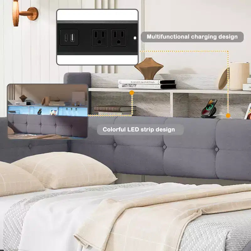Beige/Grey Upholstered Platform Bed with LED, USB Ports & Storage Drawers, Twin/Full