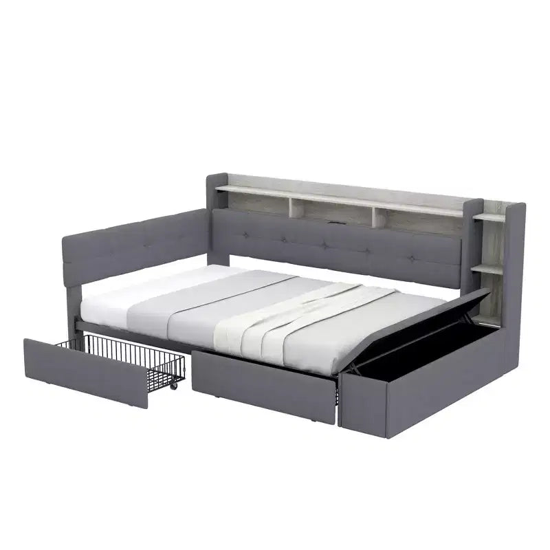 Beige/Grey Upholstered Platform Bed with LED, USB Ports & Storage Drawers, Twin/Full
