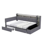 Beige/Grey Upholstered Platform Bed with LED, USB Ports & Storage Drawers, Twin/Full