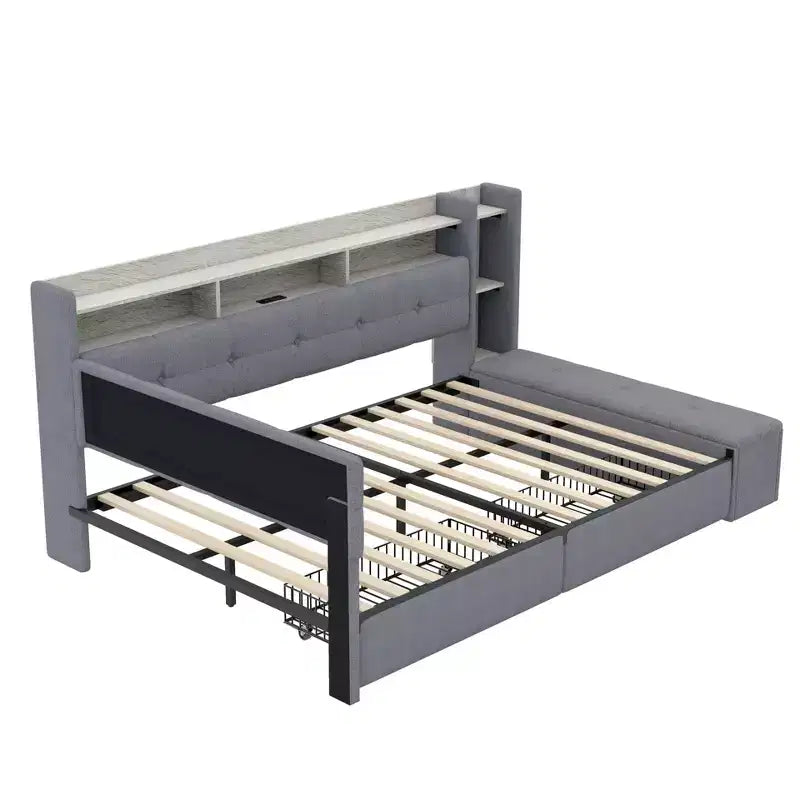 Beige/Grey Upholstered Platform Bed with LED, USB Ports & Storage Drawers, Twin/Full