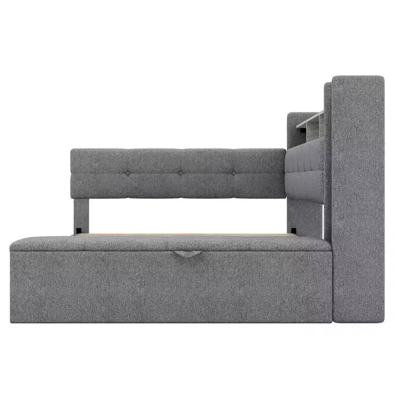 Beige/Grey Upholstered Platform Bed with LED, USB Ports & Storage Drawers, Twin/Full