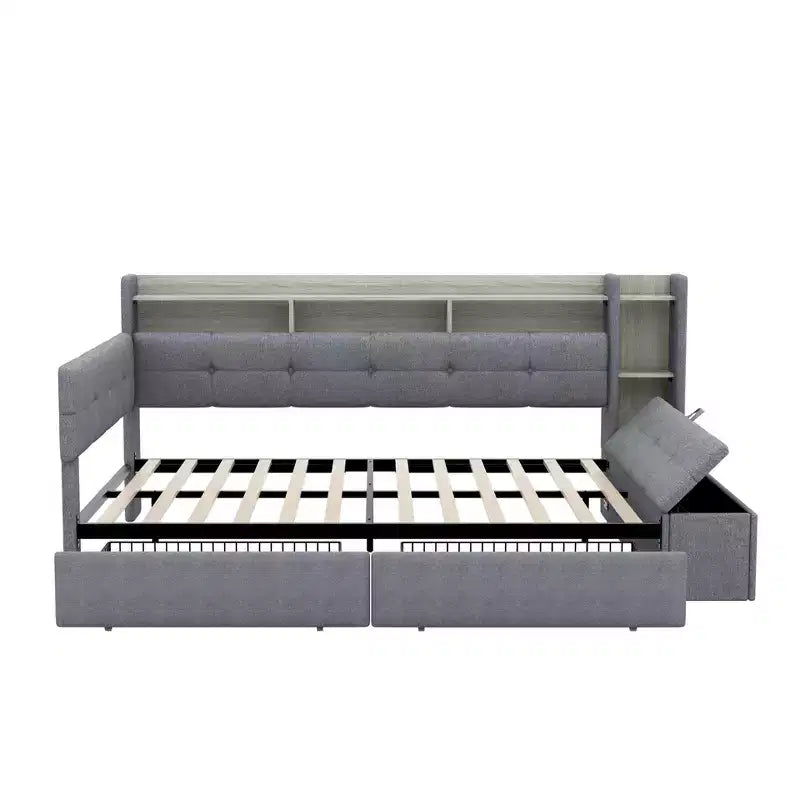Beige/Grey Upholstered Platform Bed with LED, USB Ports & Storage Drawers, Twin/Full
