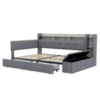 Beige/Grey Upholstered Platform Bed with LED, USB Ports & Storage Drawers, Twin/Full