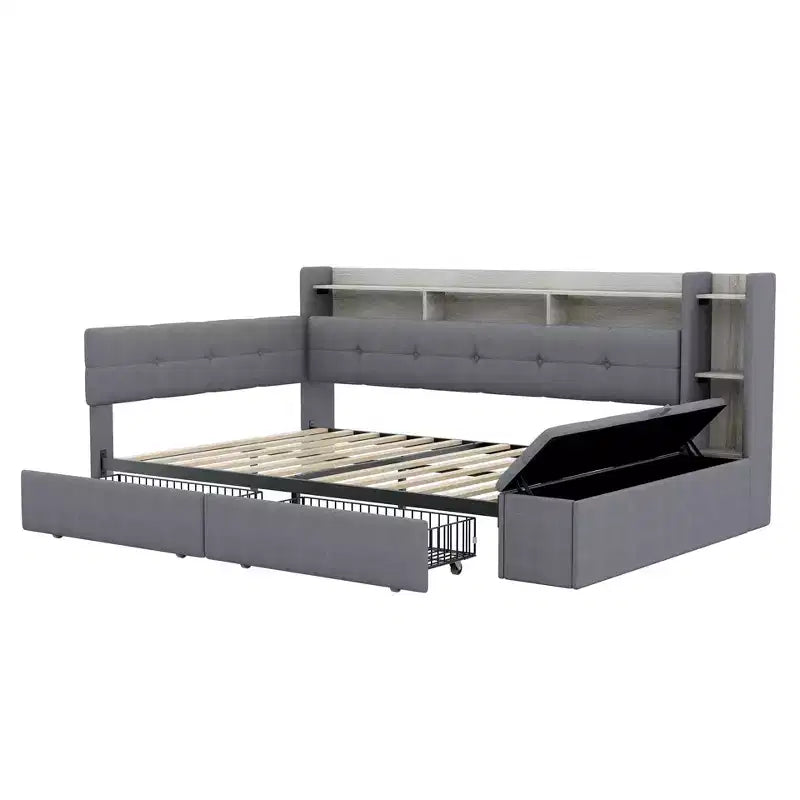 Beige/Grey Upholstered Platform Bed with LED, USB Ports & Storage Drawers, Twin/Full