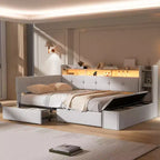 Beige/Grey Upholstered Platform Bed with LED, USB Ports & Storage Drawers, Twin/Full