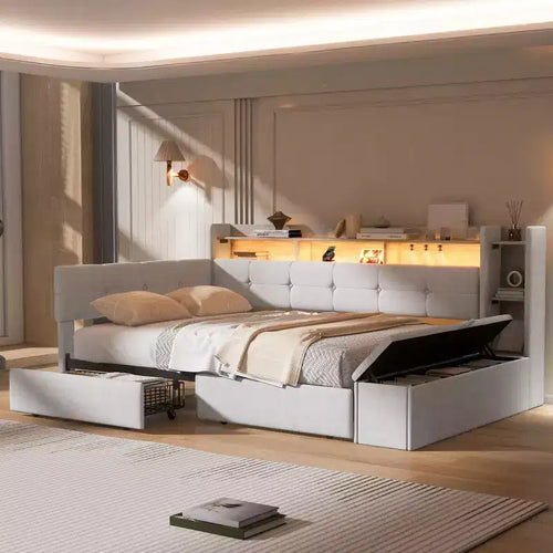 Beige/Grey Upholstered Platform Bed with LED, USB Ports & Storage Drawers, Twin/Full