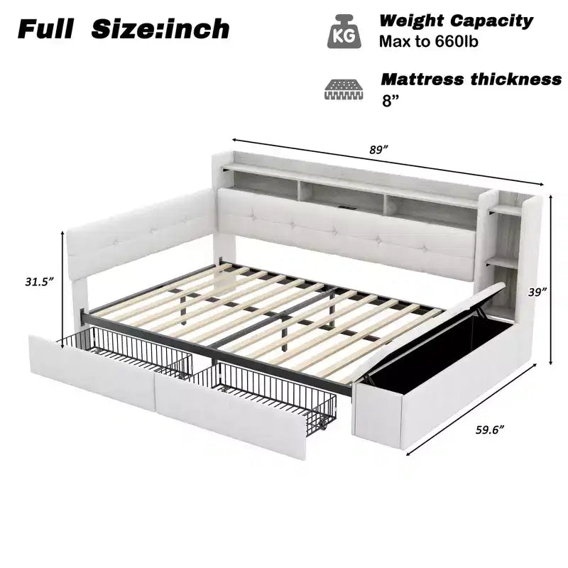 Beige/Grey Upholstered Platform Bed with LED, USB Ports & Storage Drawers, Twin/Full