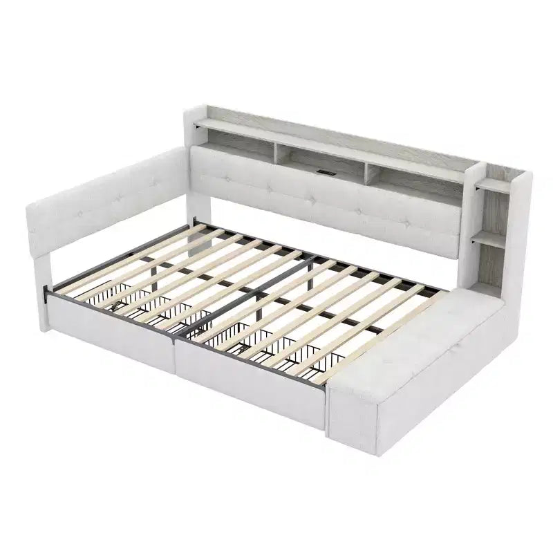 Beige/Grey Upholstered Platform Bed with LED, USB Ports & Storage Drawers, Twin/Full
