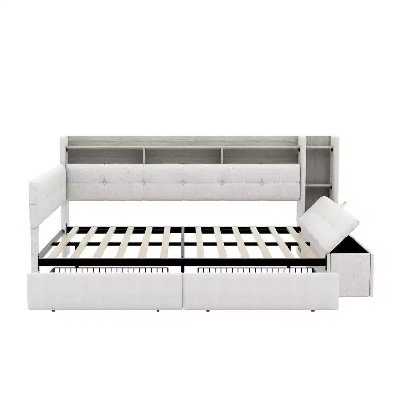 Beige/Grey Upholstered Platform Bed with LED, USB Ports & Storage Drawers, Twin/Full