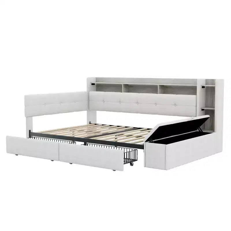 Beige/Grey Upholstered Platform Bed with LED, USB Ports & Storage Drawers, Twin/Full