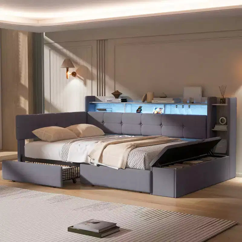 Beige/Grey Upholstered Platform Bed with LED, USB Ports & Storage Drawers, Twin/Full